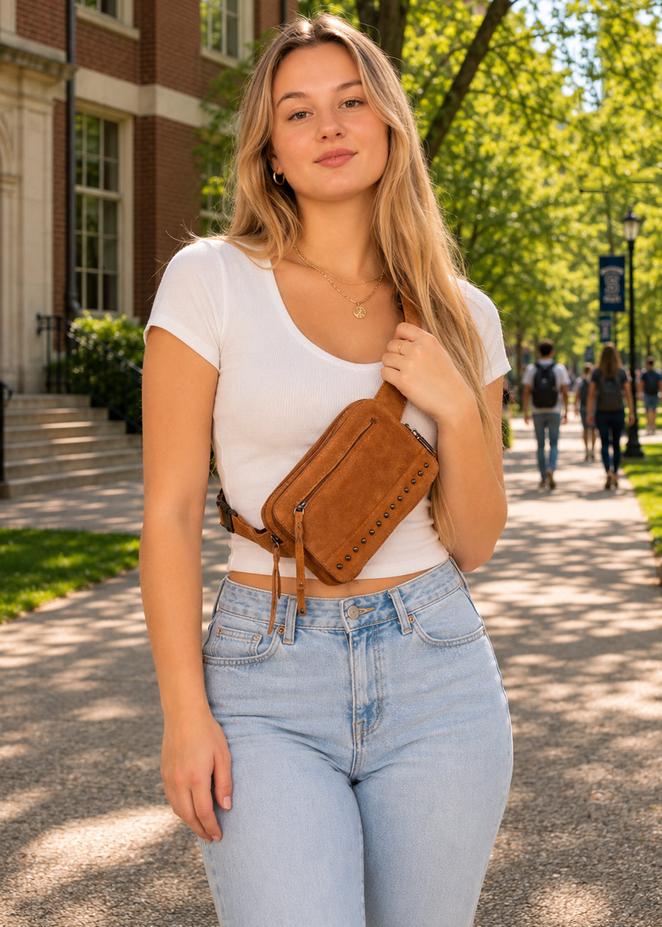 Concealed Carry Kailey Leather Fanny Pack/Sling in Chestnut Suede – worn by model 2