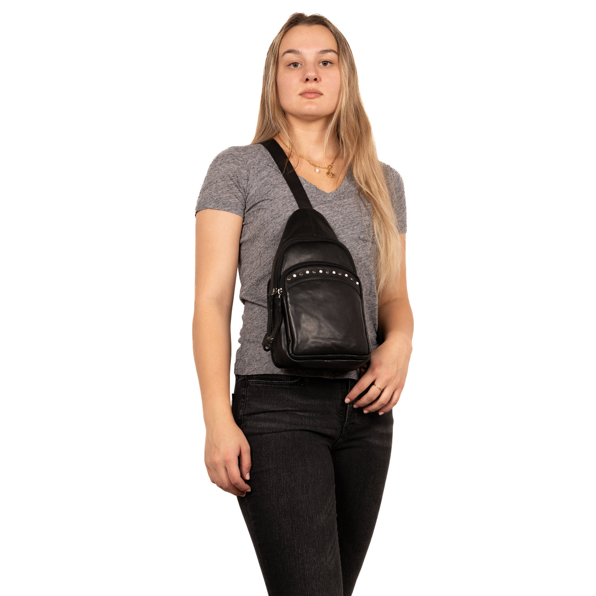 Concealed Carry Haven Sling Leather Backpack in Black – worn by model 2