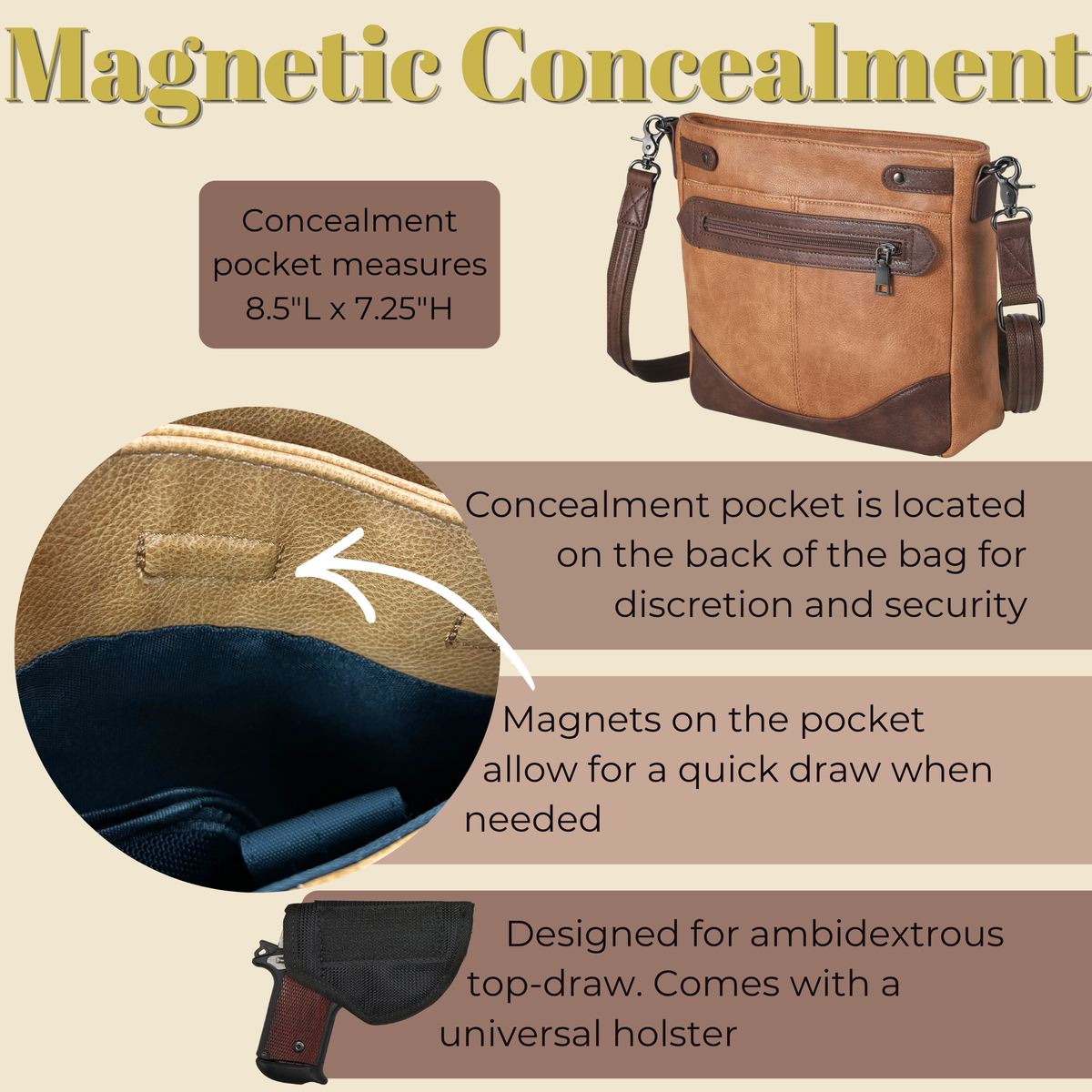 Concealed Carry Addison Crossbody in Light Brown – shown with handgun