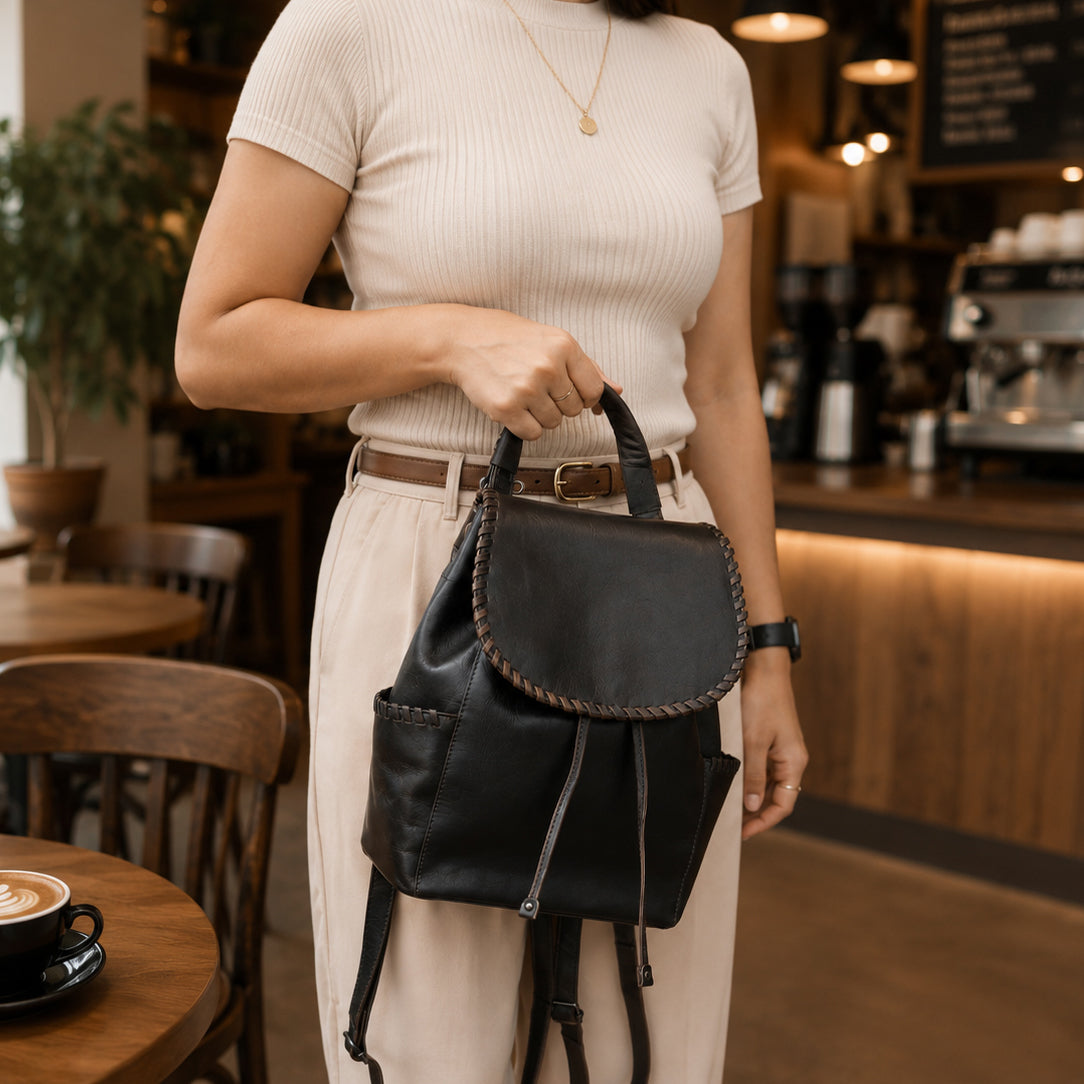 Concealed Carry Allie Leather Backpack in Gray – worn by model