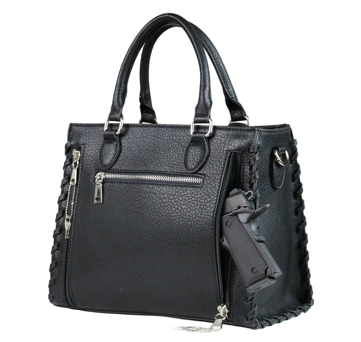 Concealed Carry Crossbody Ann Satchel in Black – shown with handgun