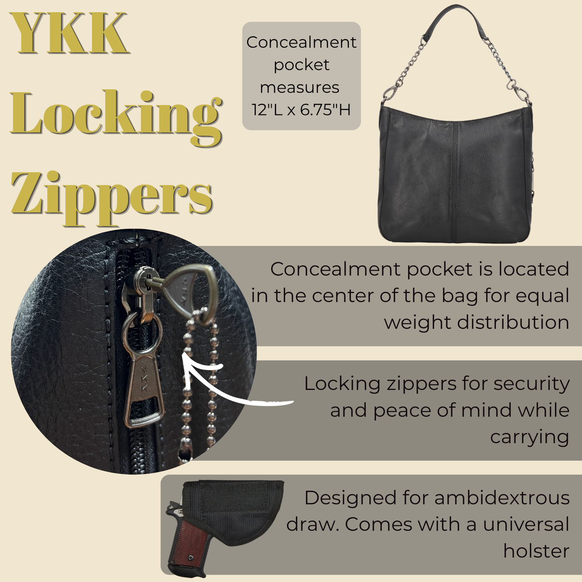 Concealed Carry Ava Leather Hobo in Black – shown with handgun 2
