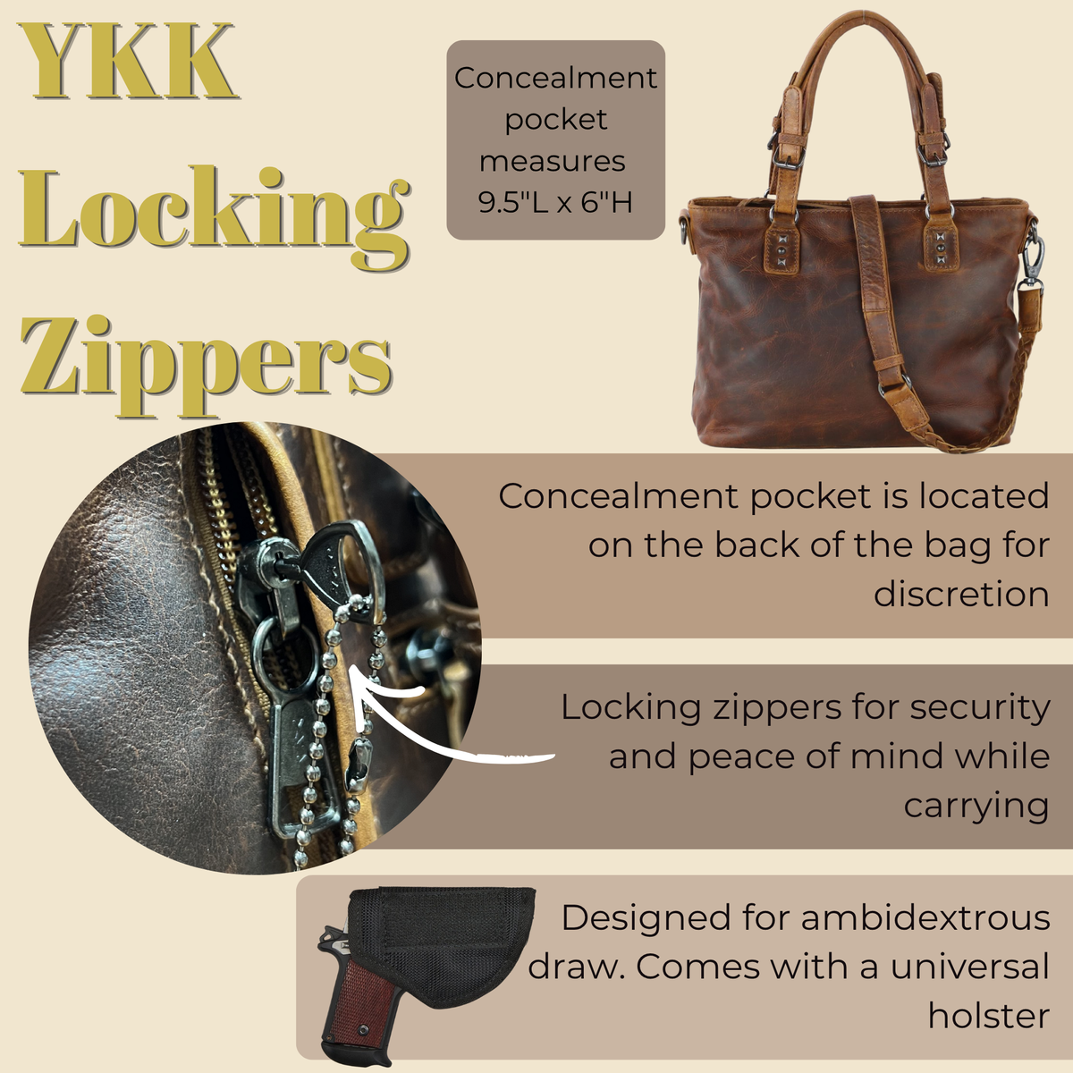 Concealed Carry Bailey Leather Satchel in Cognac – shown with handgun 2