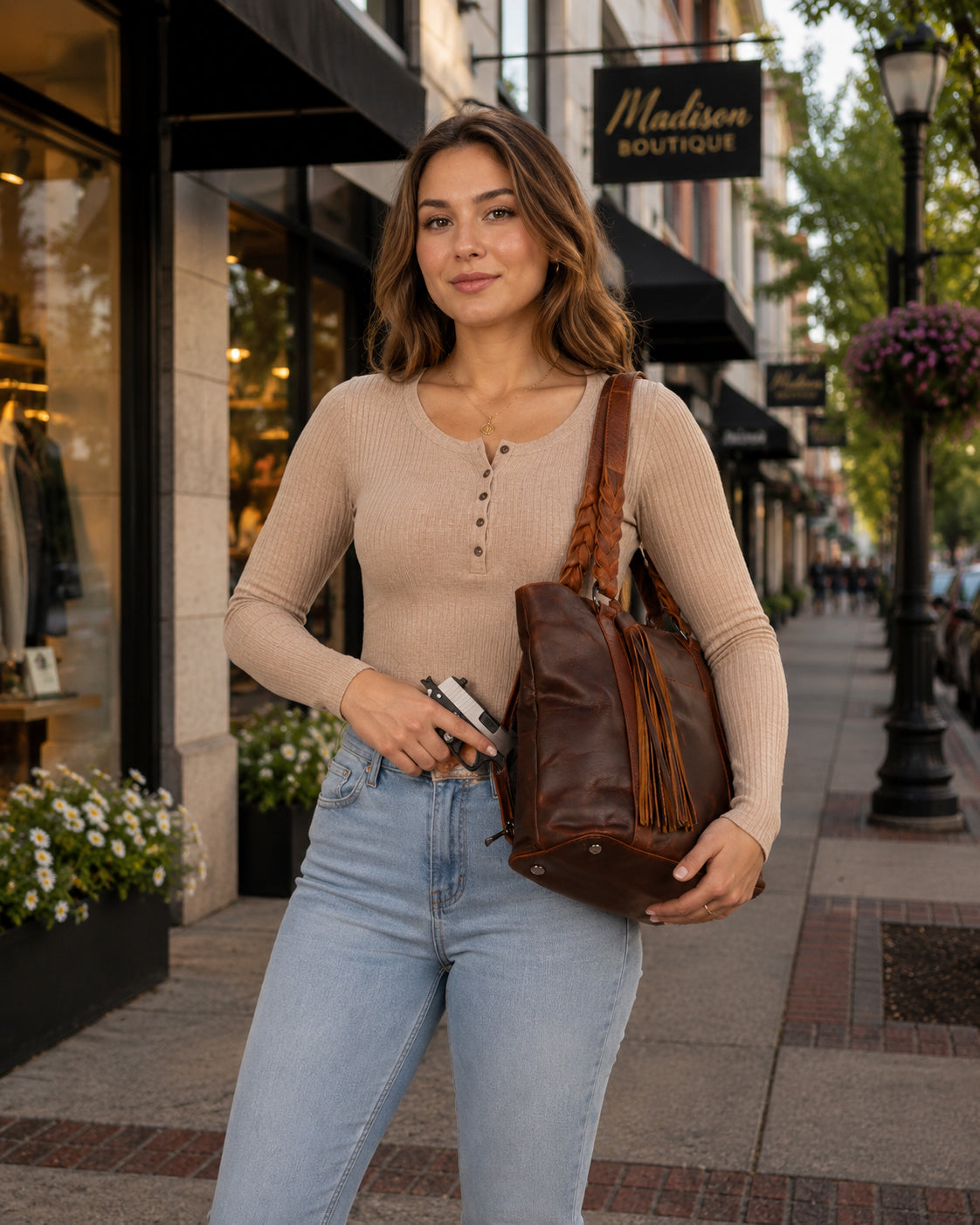 Bella Concealed Carry Leather Tote in Cognac – worn by model 2