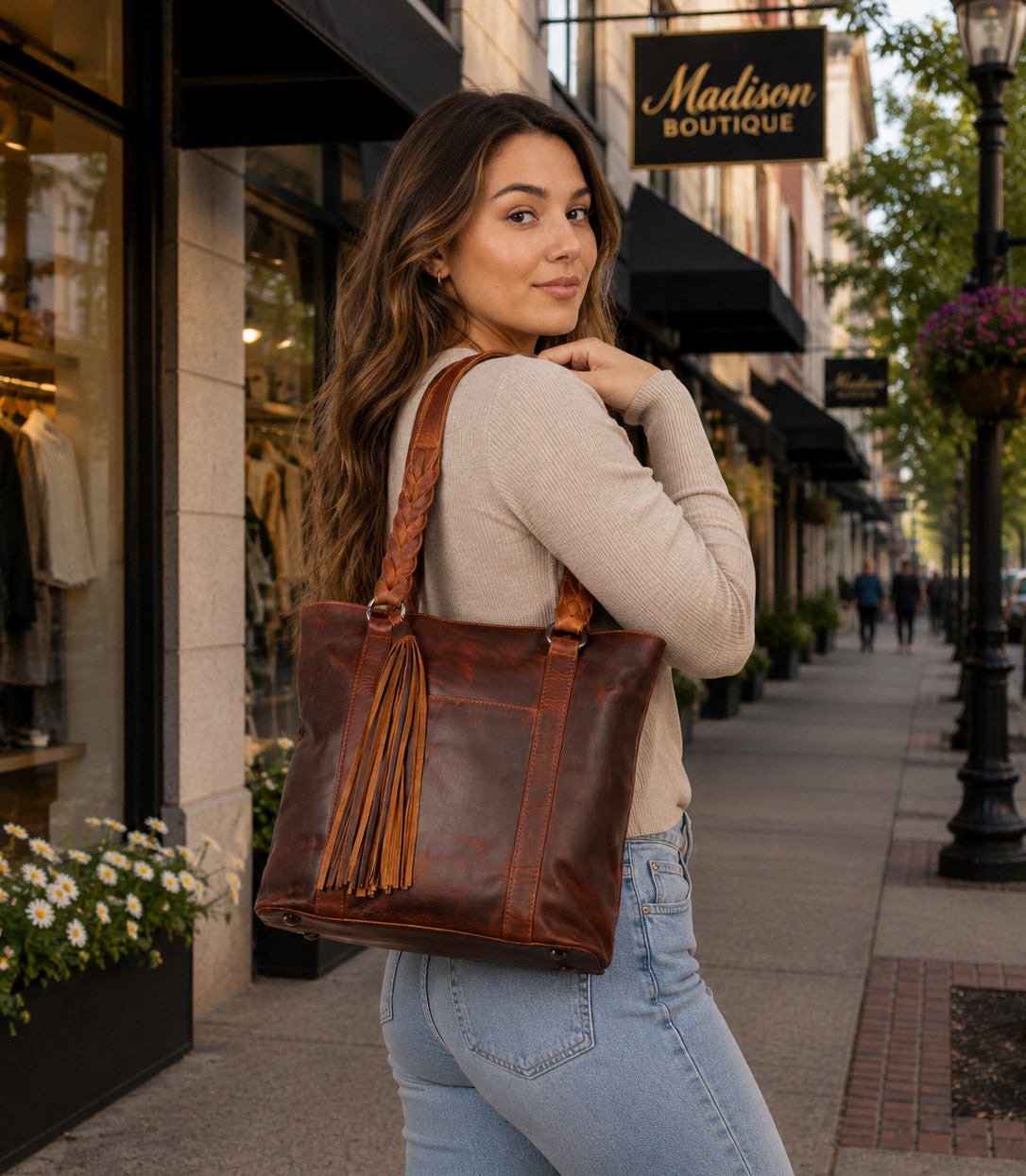 Bella Concealed Carry Leather Tote in Cognac – worn by model