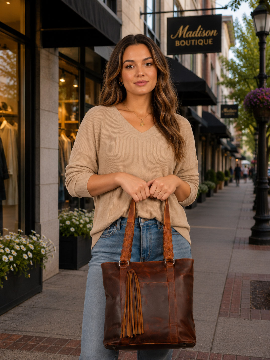 Bella Concealed Carry Leather Tote in Cognac – worn by model 3