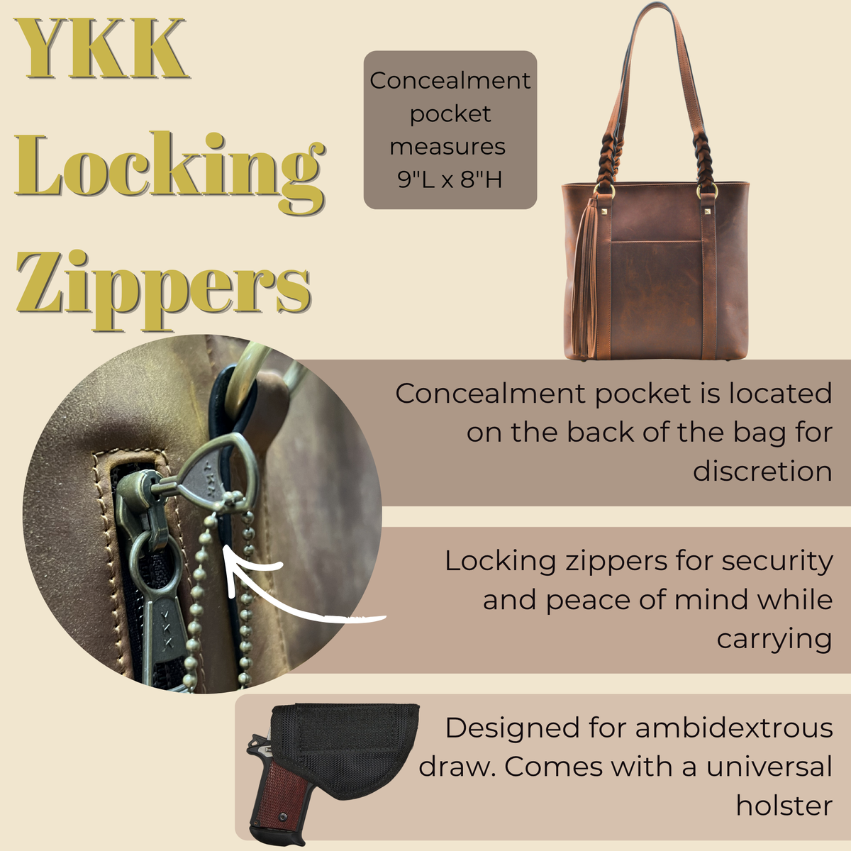 Bella Concealed Carry Leather Tote in Cognac – shown with handgun