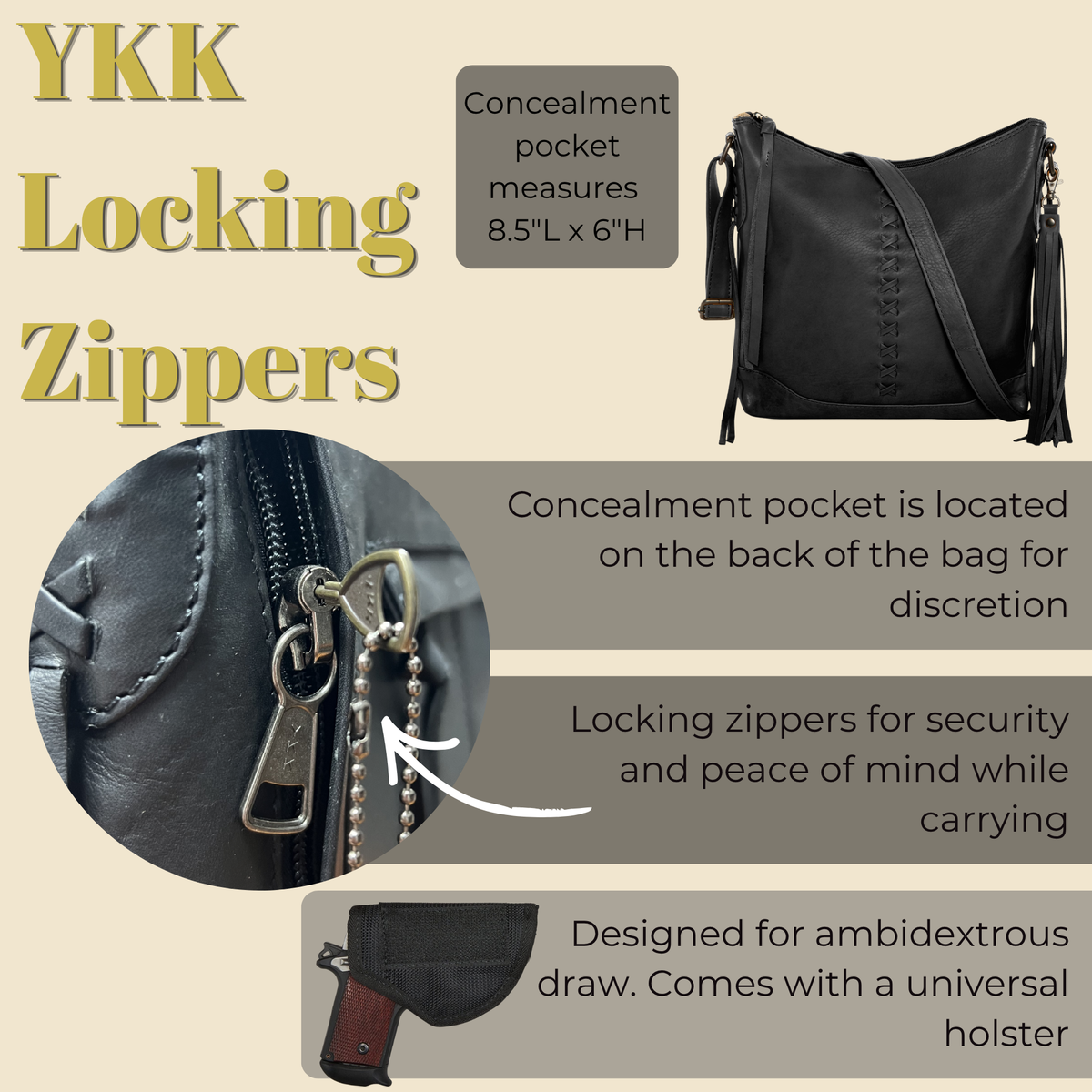 Concealed Carry Blake Leather Crossbody in Dark Mahogany – shown with handgun