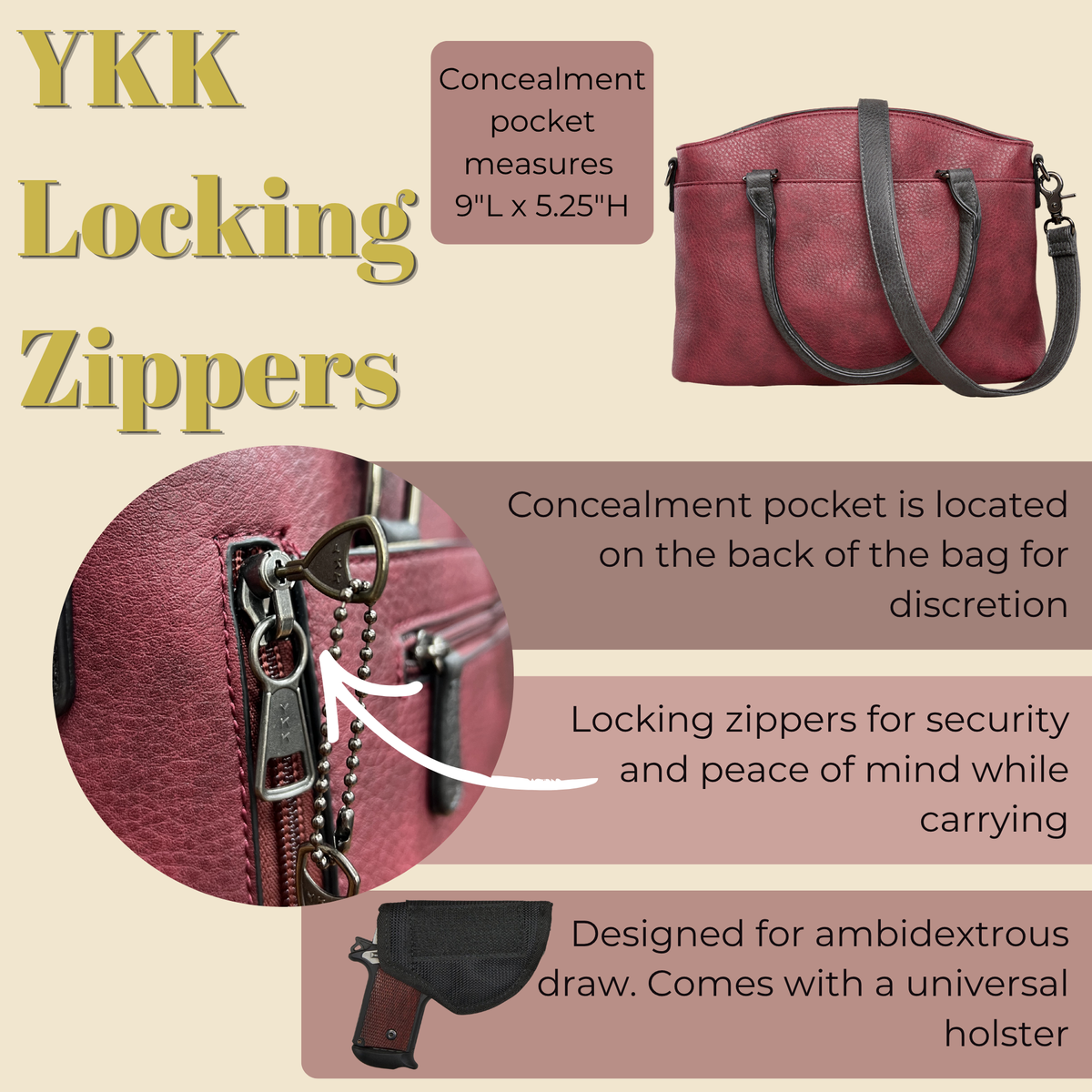 Concealed Carry Carly Satchel in Gray – shown with handgun 3