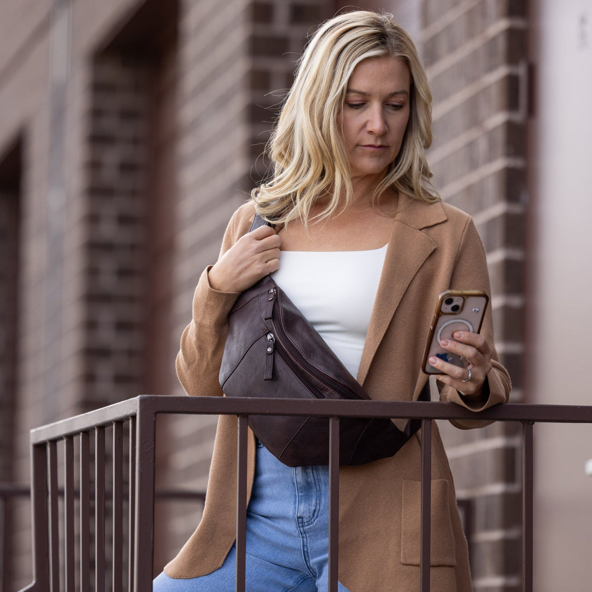 Concealed Carry Charlie Magnetic Leather Sling in Dark Brown – worn by model
