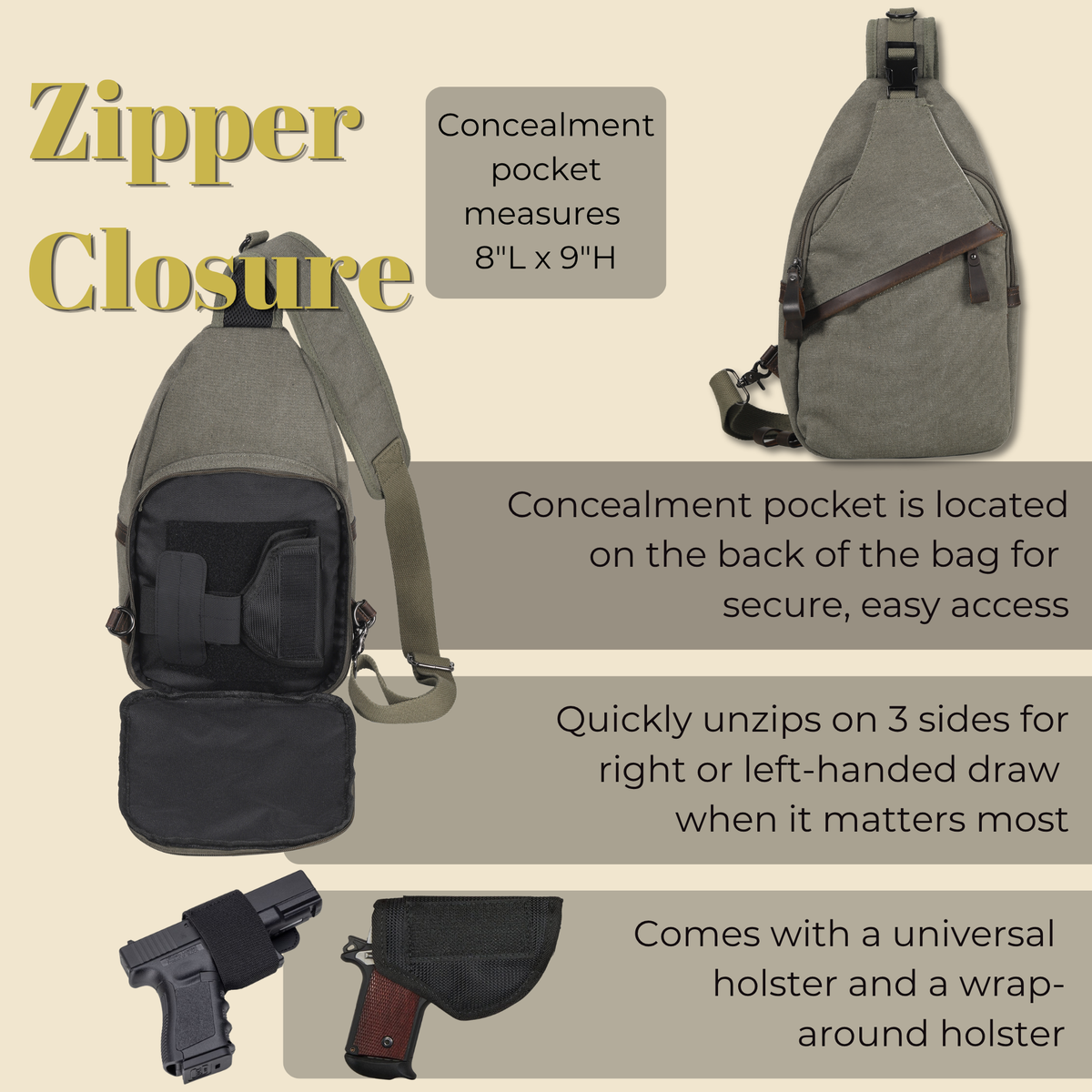 Concealed Carry Colt Canvas Sling in Dark Brown – shown with handgun