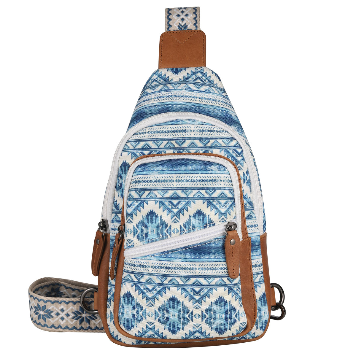 Concealed Carry Aztec Indie Canvas Sling in Blue Aztec – front view