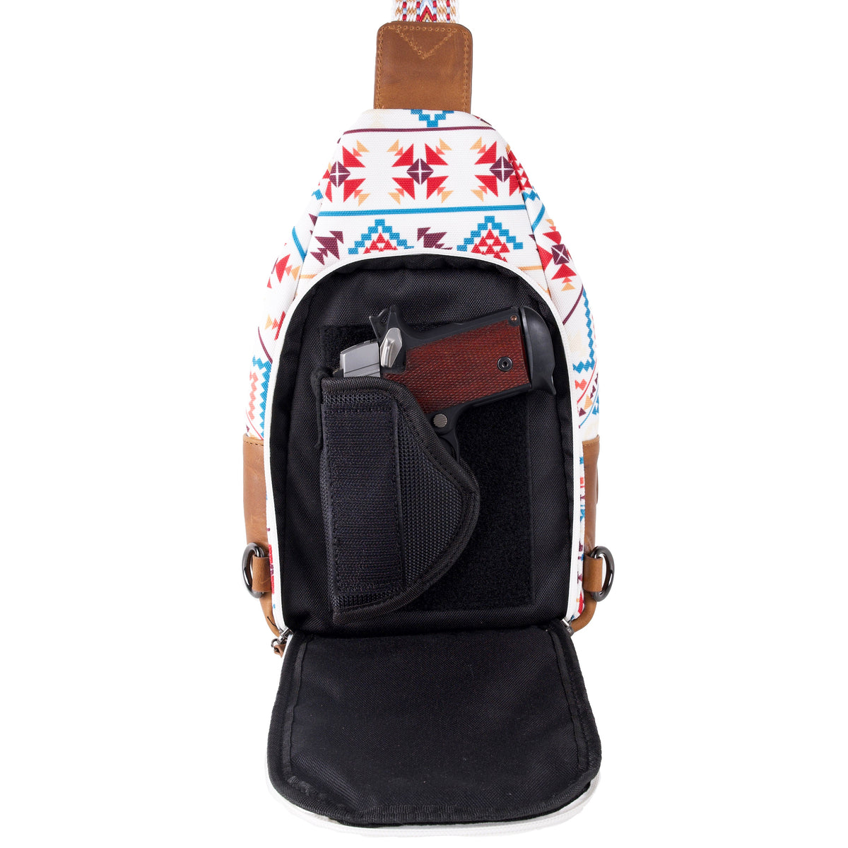 Concealed Carry Aztec Indie Canvas Sling in Multi Aztec – shown with handgun 2