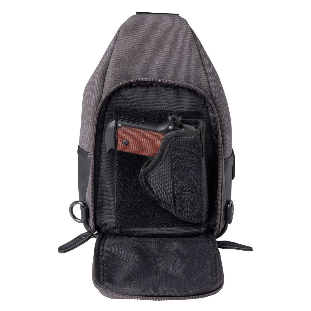 Concealed Carry Indie Canvas Sling in Gray Canvas – holster compartment