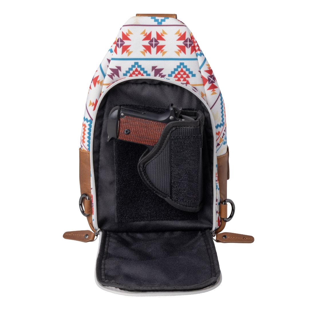 Concealed Carry Aztec Indie Canvas Sling in Multi Aztec – holster compartment
