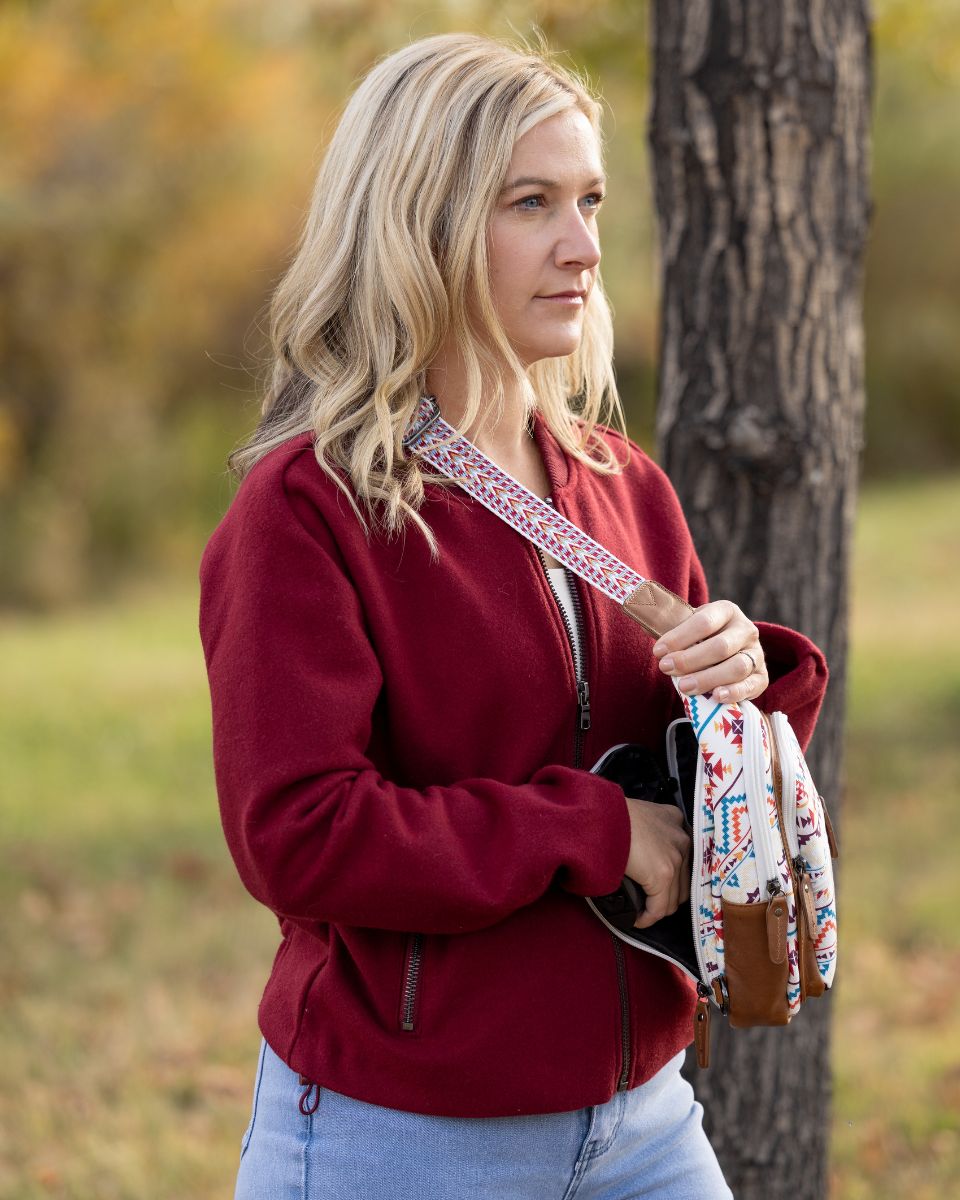 Concealed Carry Aztec Indie Canvas Sling in Multi Aztec – worn by model