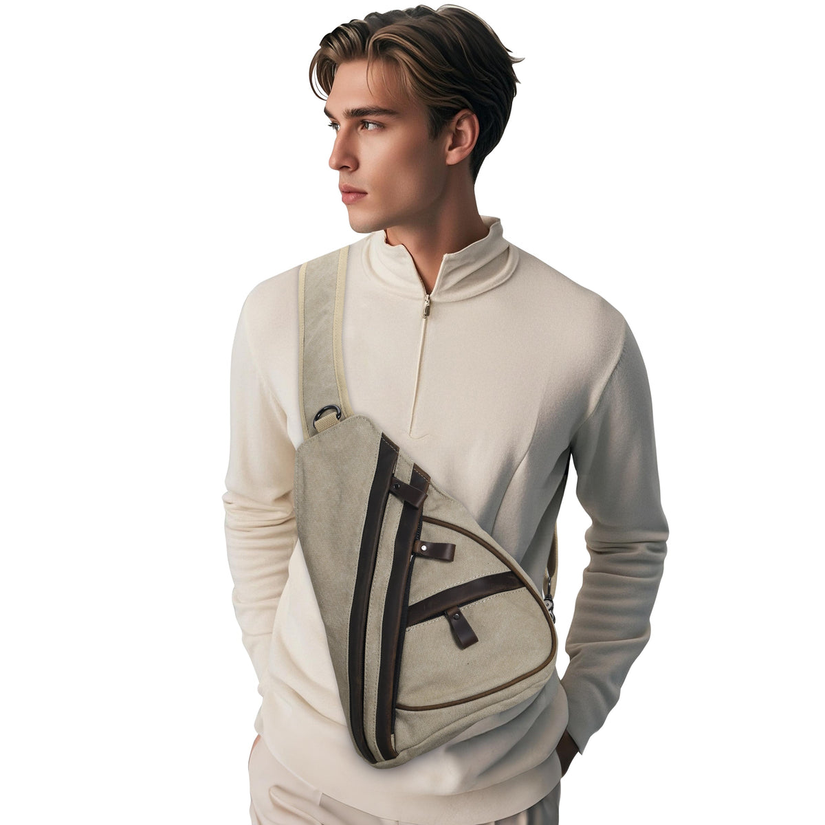 Concealed Carry Jordan Canvas Sling in Khaki – worn by model