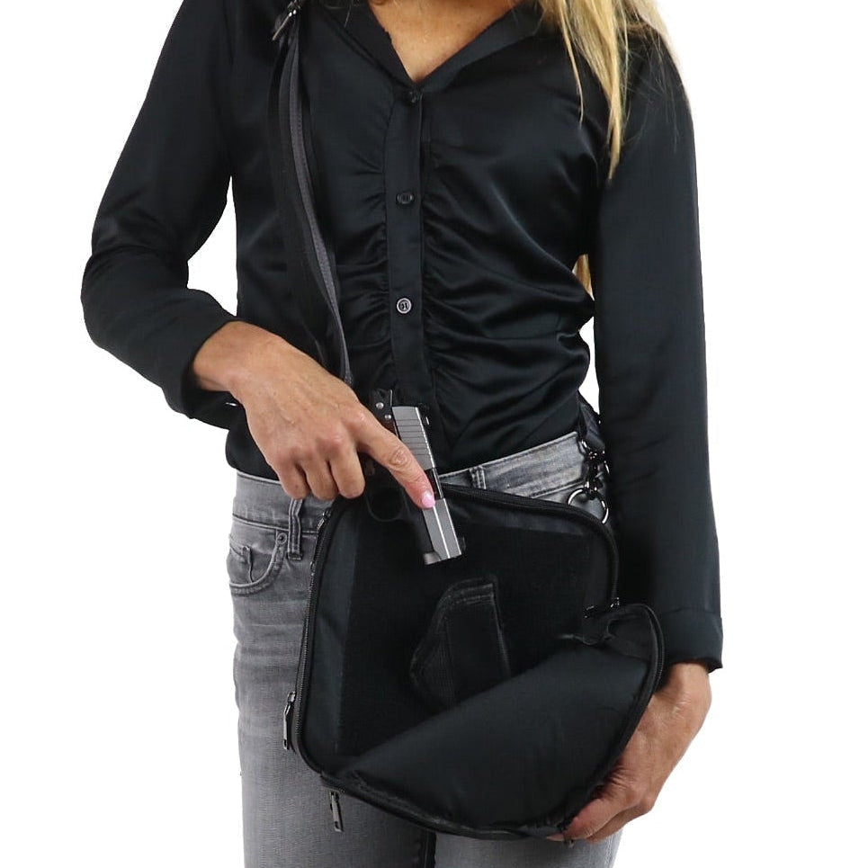 Concealed Carry Nylon Kayden Deluxe Crossbody in Gray – worn by model