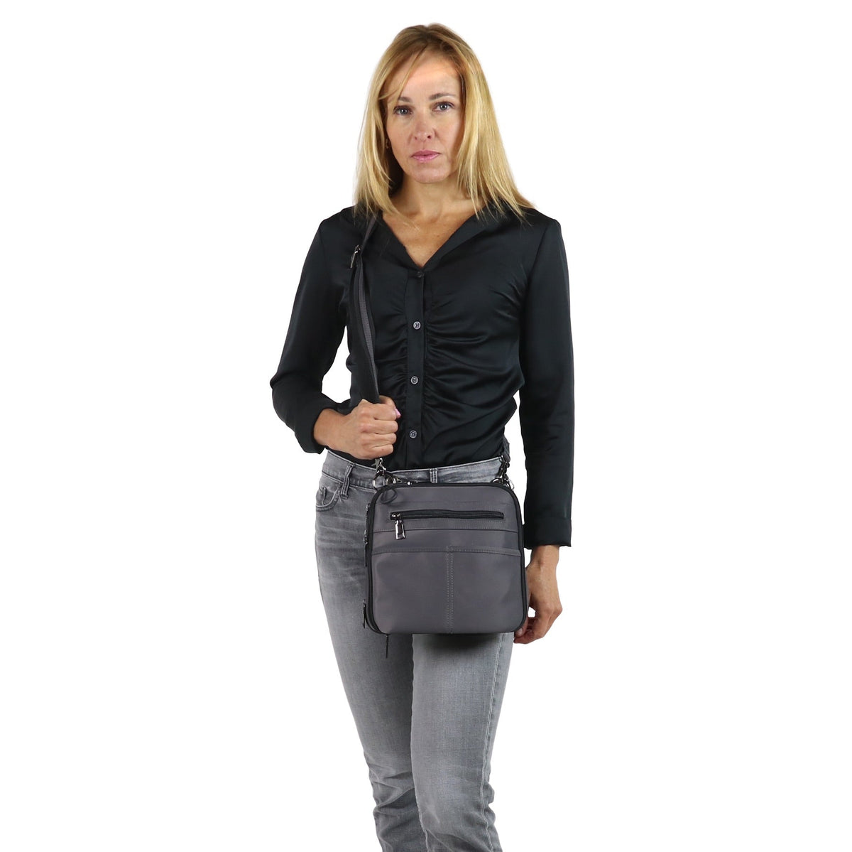 Concealed Carry Nylon Kayden Deluxe Crossbody in Gray – worn by model 2