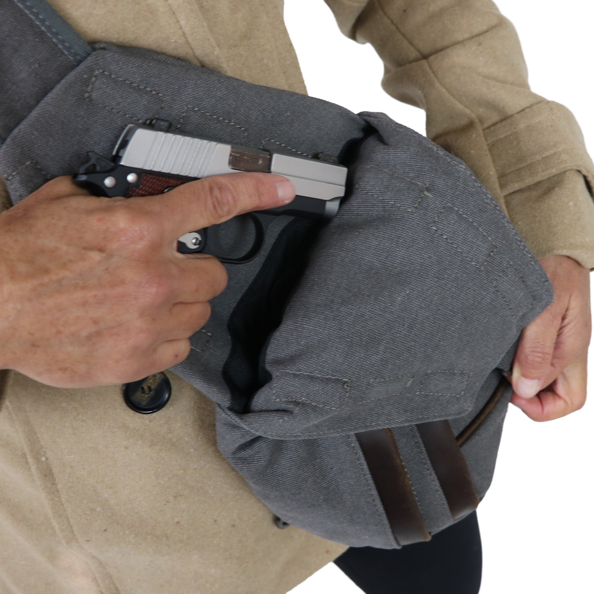 Concealed Carry Jordan Canvas Sling in Gray – worn by model 2