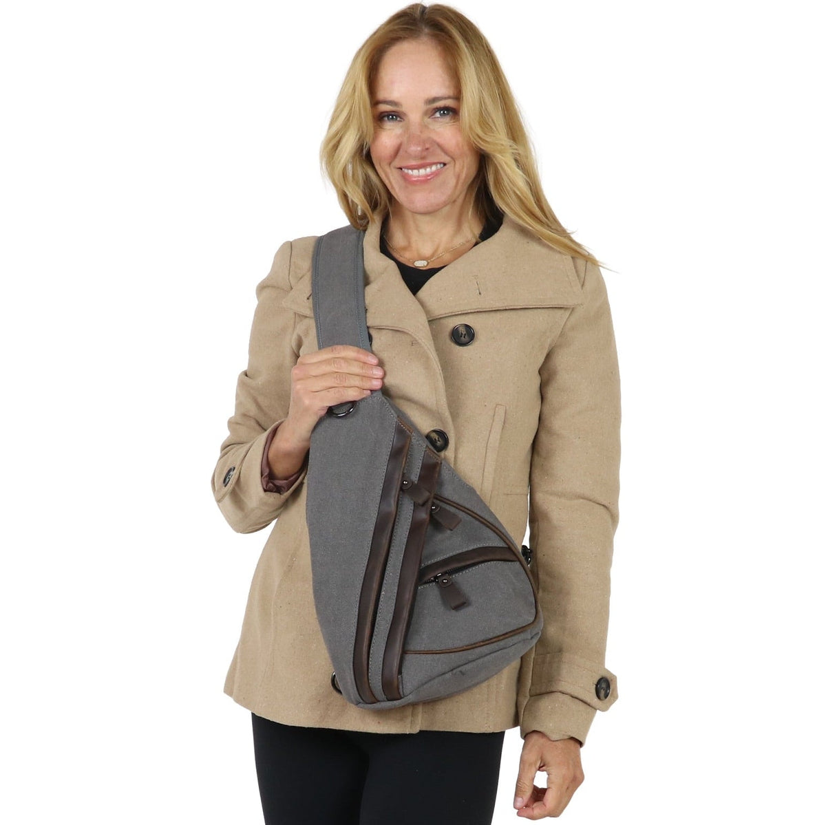 Concealed Carry Jordan Canvas Sling in Gray – worn by model