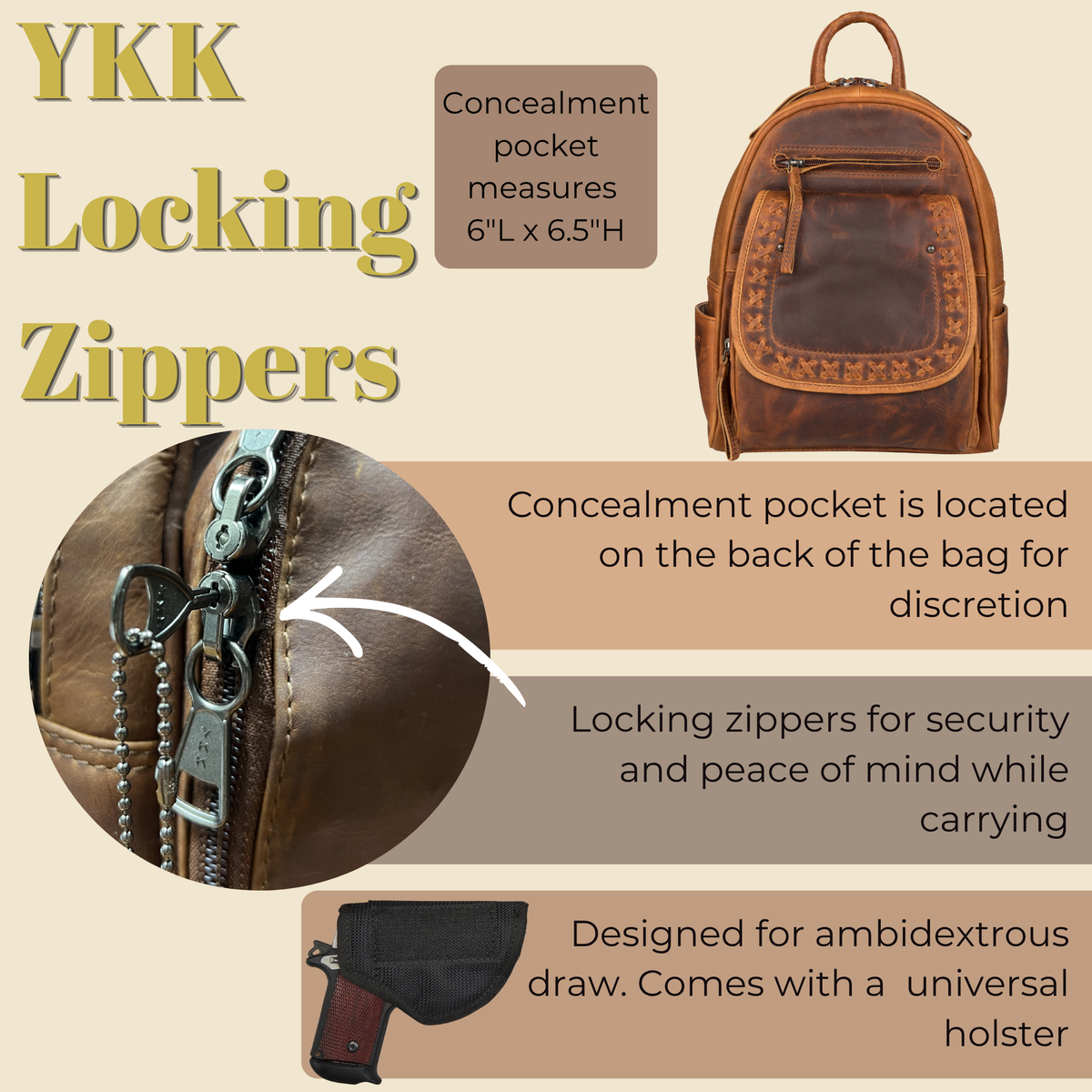 Concealed Carry RFID Daisy Leather Backpack in Cognac – shown with handgun