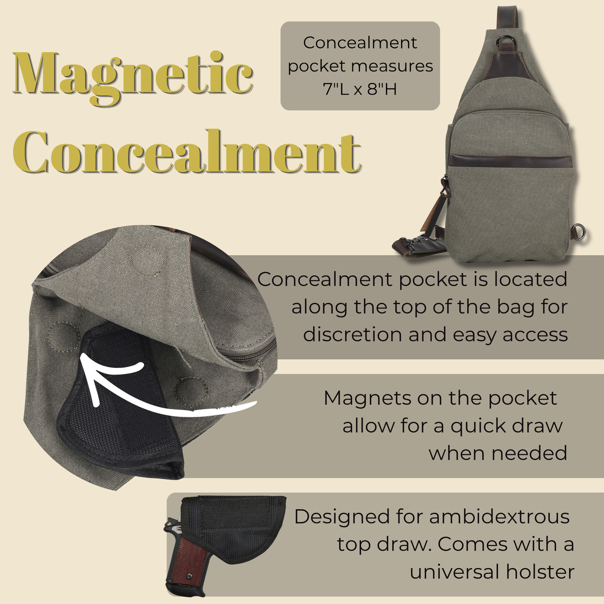 Concealed Carry Sling Bag in Dark Brown – shown with handgun