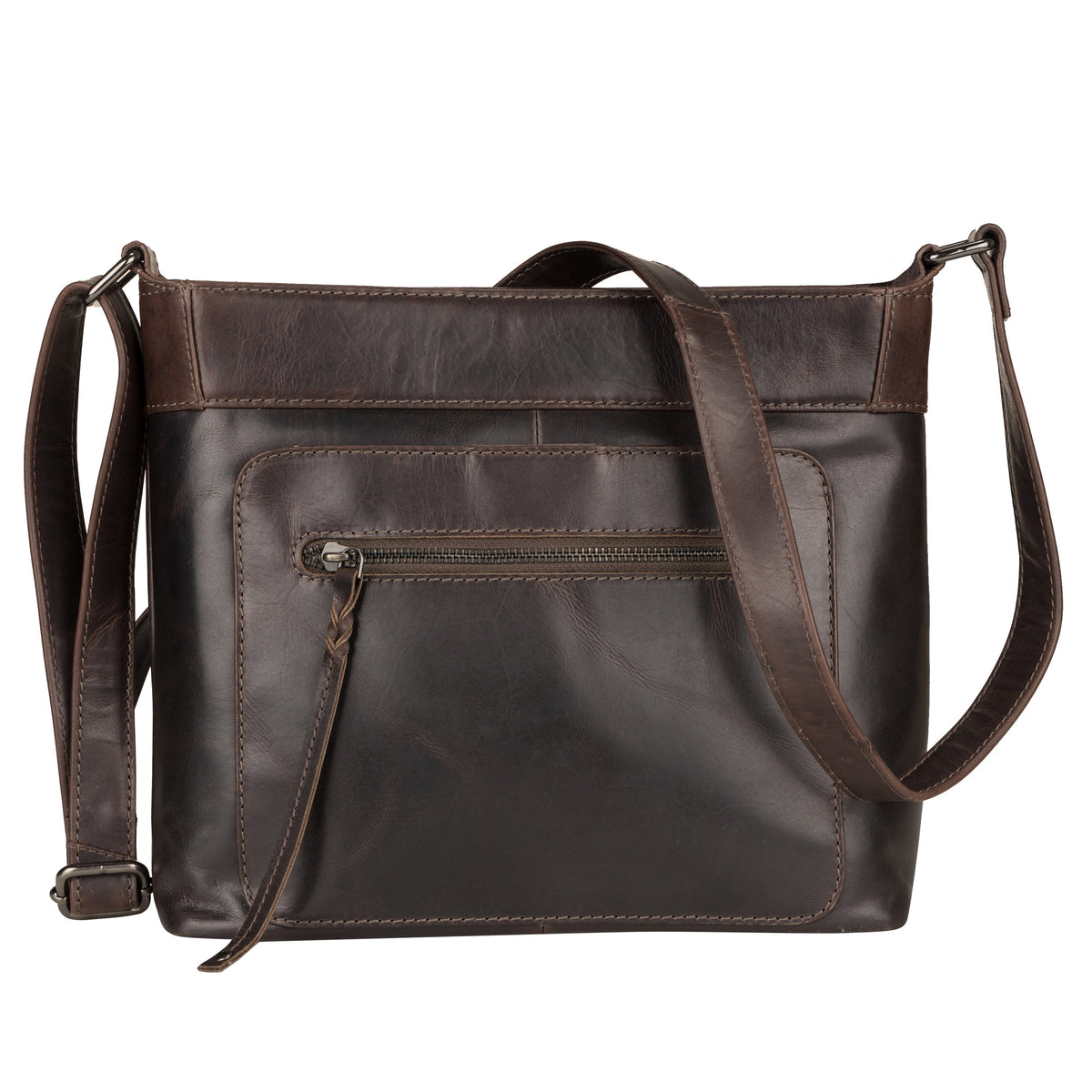 Delaney Concealed Carry Crossbody in Distressed Dark Brown – front view 2