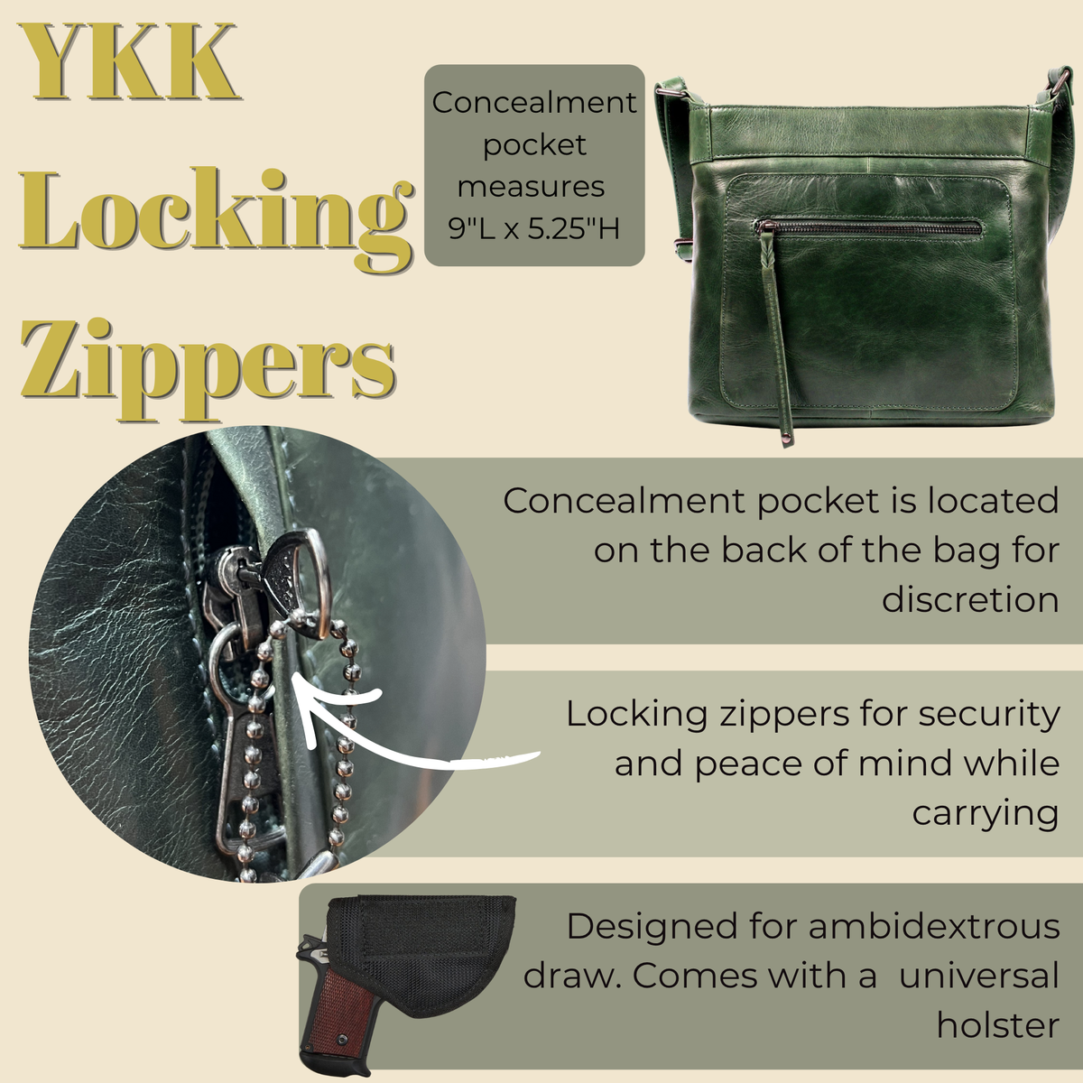 Delaney Concealed Carry Crossbody in Distressed Dark Brown – shown with handgun 2