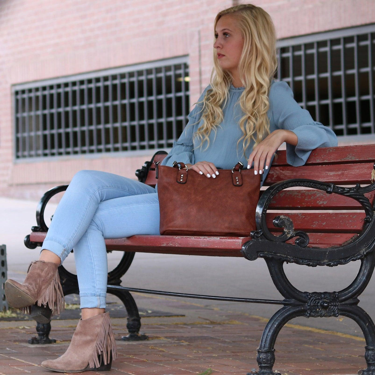 Ella Concealed Carry Satchel in Mahogany – worn by model