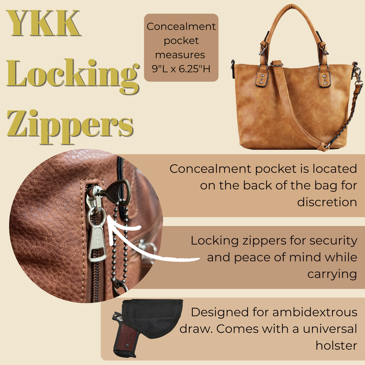 Ella Concealed Carry Satchel in Mahogany – shown with handgun