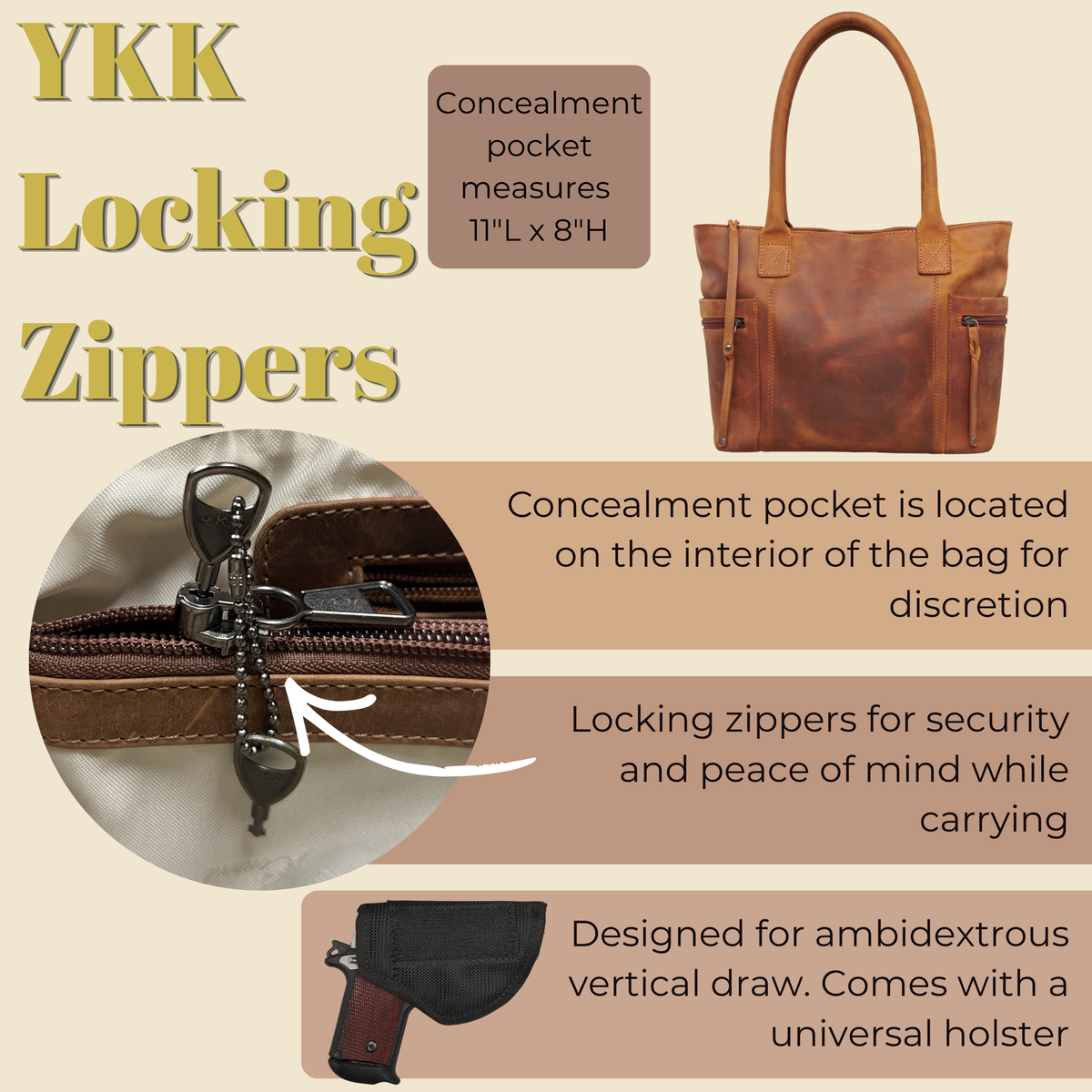 Concealed Carry Emerson Satchel in Mahogany – shown with handgun 2
