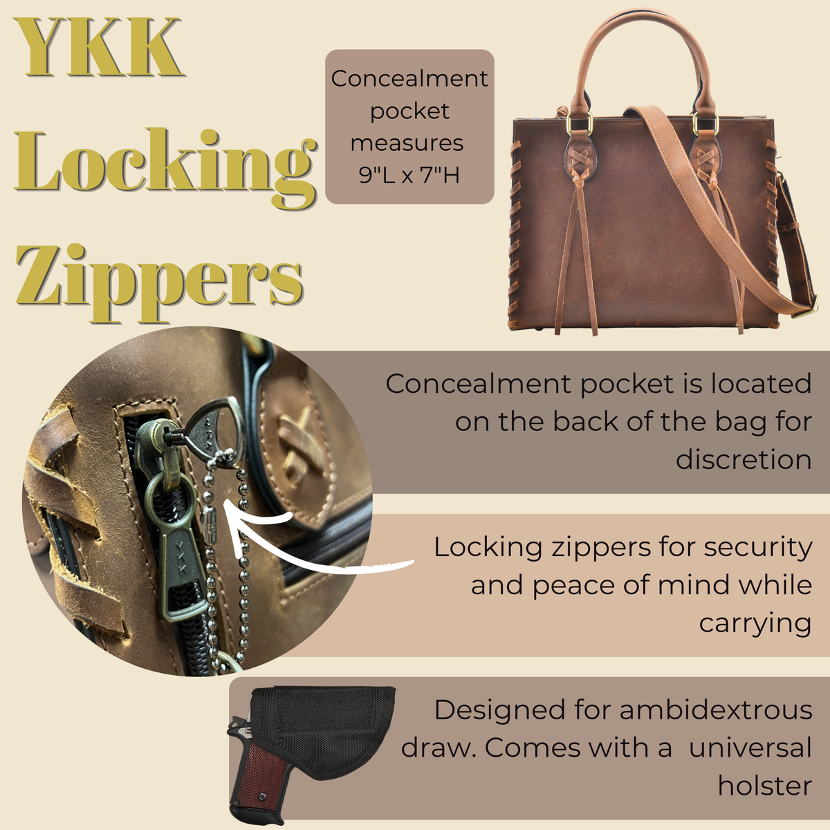 Concealed Carry Emma Leather Satchel in Distressed Brown – shown with handgun 2