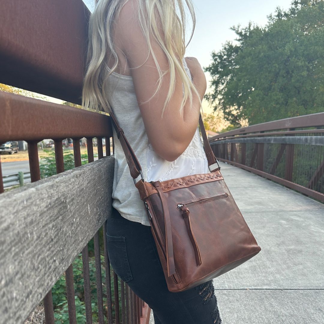 Faith Concealed Carry Crossbody in Cognac – worn by model 2