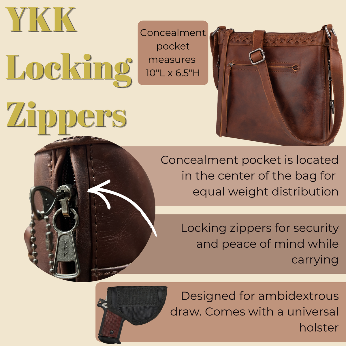 Faith Concealed Carry Crossbody in Dark Mahogany – shown with handgun 2