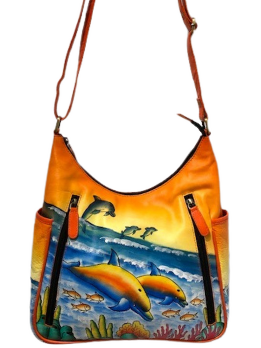 Concealed By Janko Hand Painted Dolphin Genuine Leather Conceal and Carry Handbag