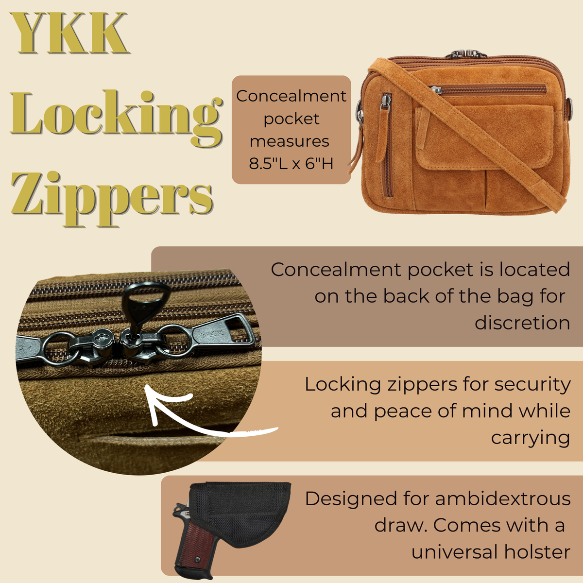 Concealed Carry Hadley Suede Crossbody in Chestnut – shown with handgun 2