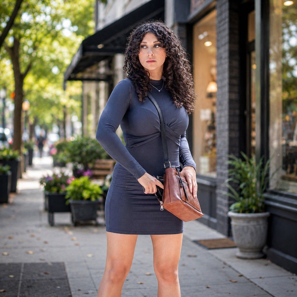 Hailey Concealed Carry Crossbody in Mahogany – shown with handgun
