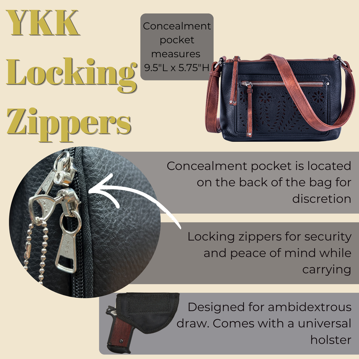 Hailey Concealed Carry Crossbody in Mahogany – shown with handgun 2