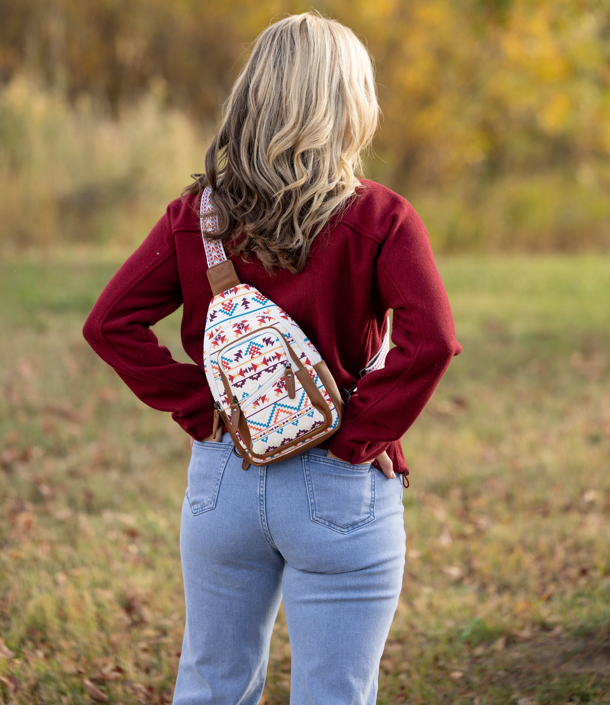 Concealed Carry Aztec Indie Canvas Sling in Multi Aztec – worn by model 2