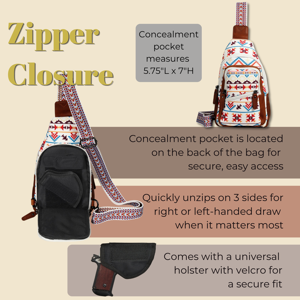 Concealed Carry Aztec Indie Canvas Sling in Multi Aztec – shown with handgun