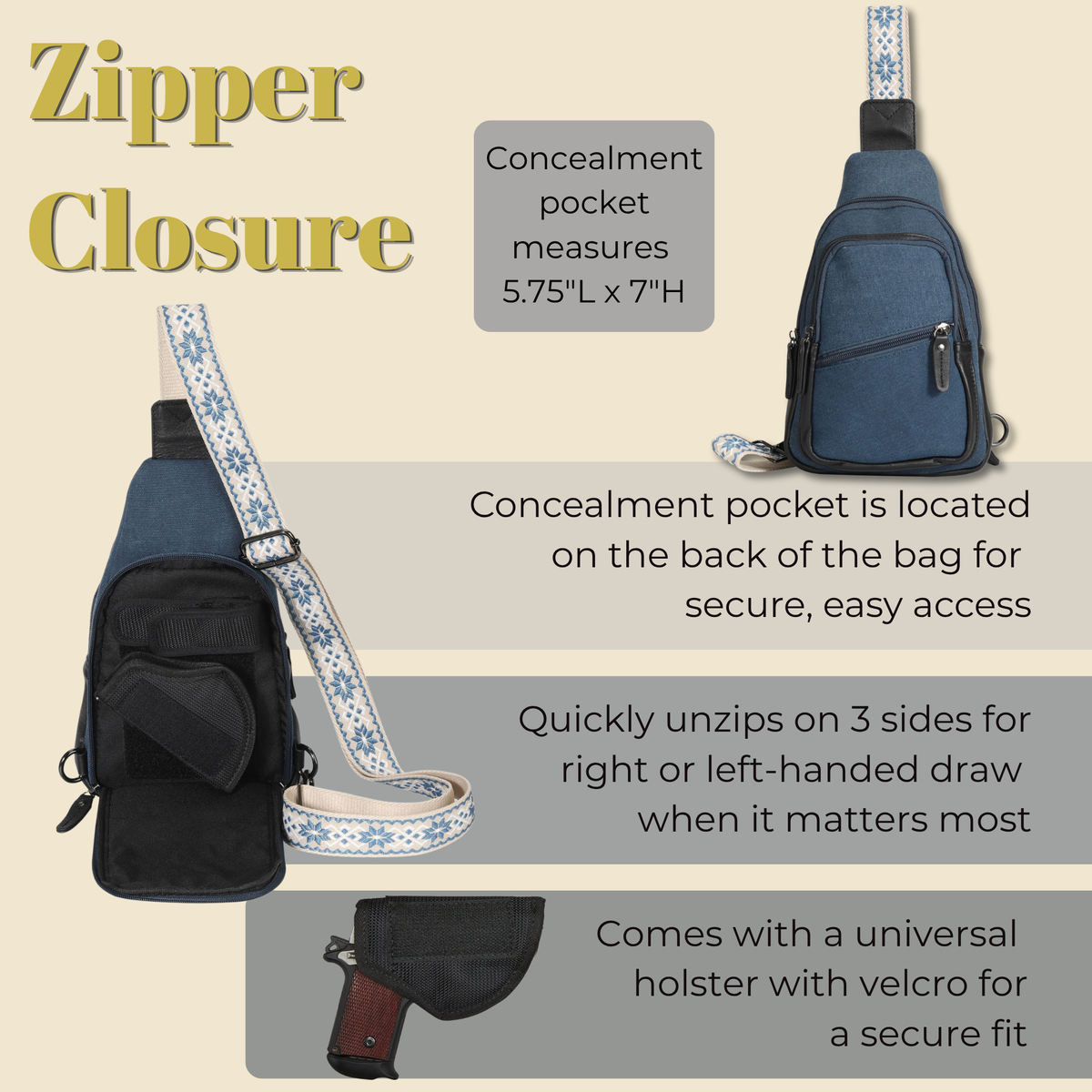 Concealed Carry Indie Canvas Sling in Gray Canvas – shown with handgun