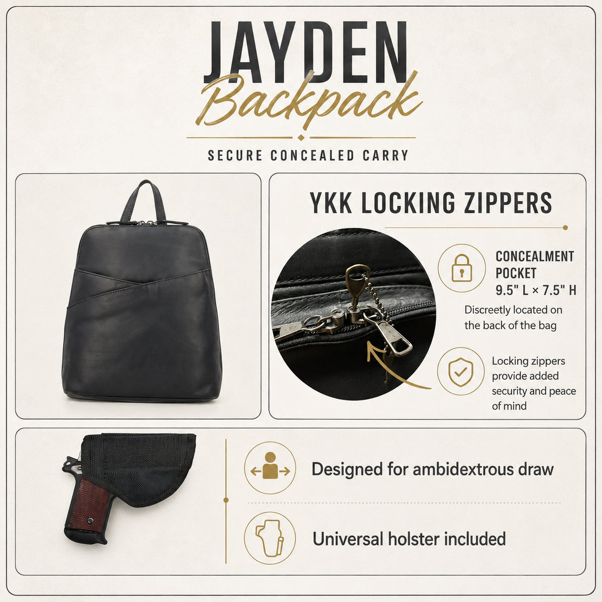 Concealed Carry Jayden Leather Backpack in Black – features & dimensions