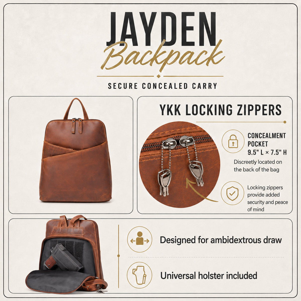 Concealed Carry Jayden Leather Backpack in Cognac – features & dimensions