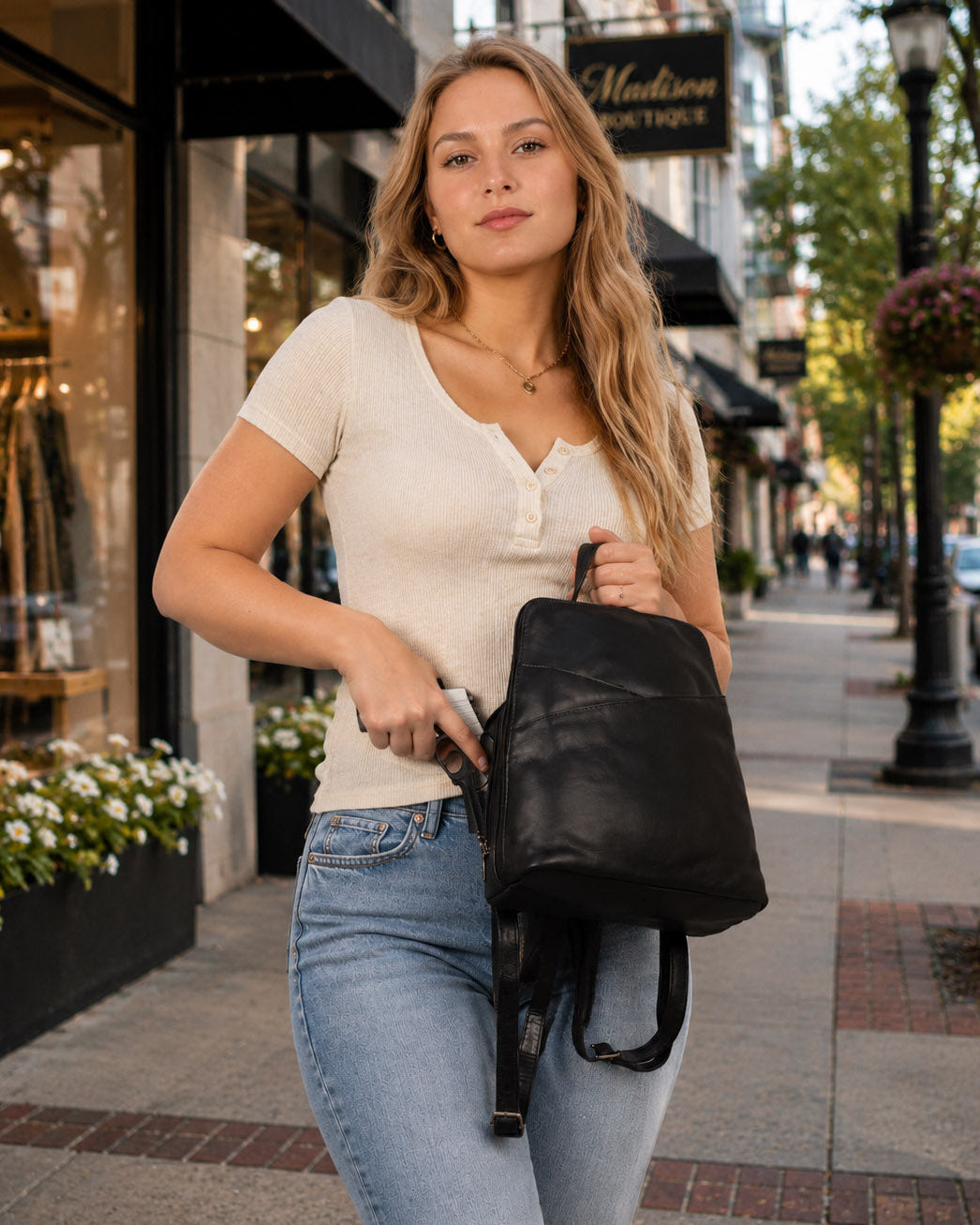 Concealed Carry Jayden Leather Backpack in Black – worn by model 2