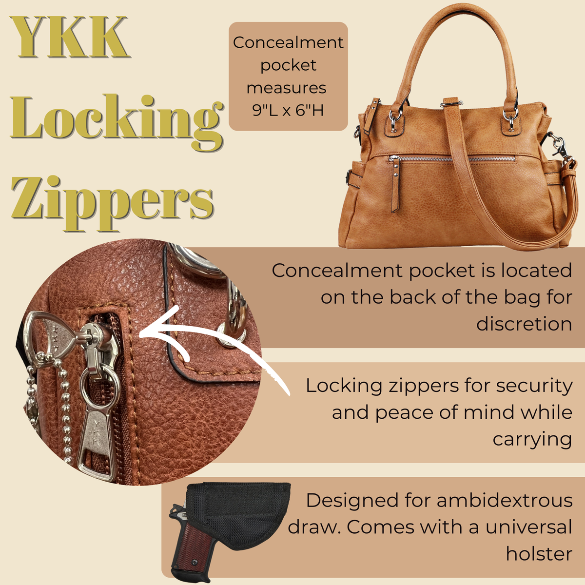 Concealed Carry Jessica Satchel in Mahogany – shown with handgun