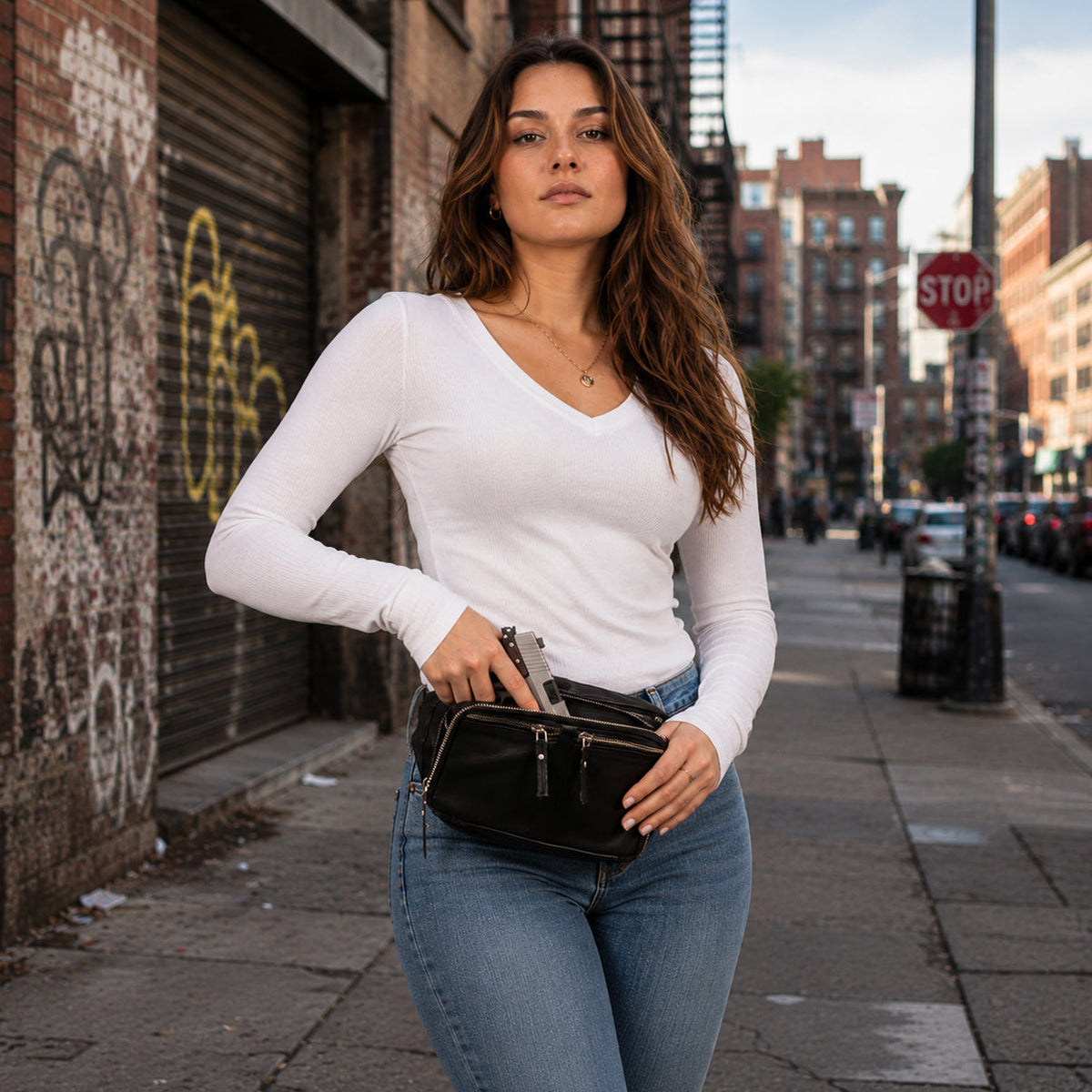 Concealed Carry Jessie Unisex Lambskin Belt Bag – worn by model