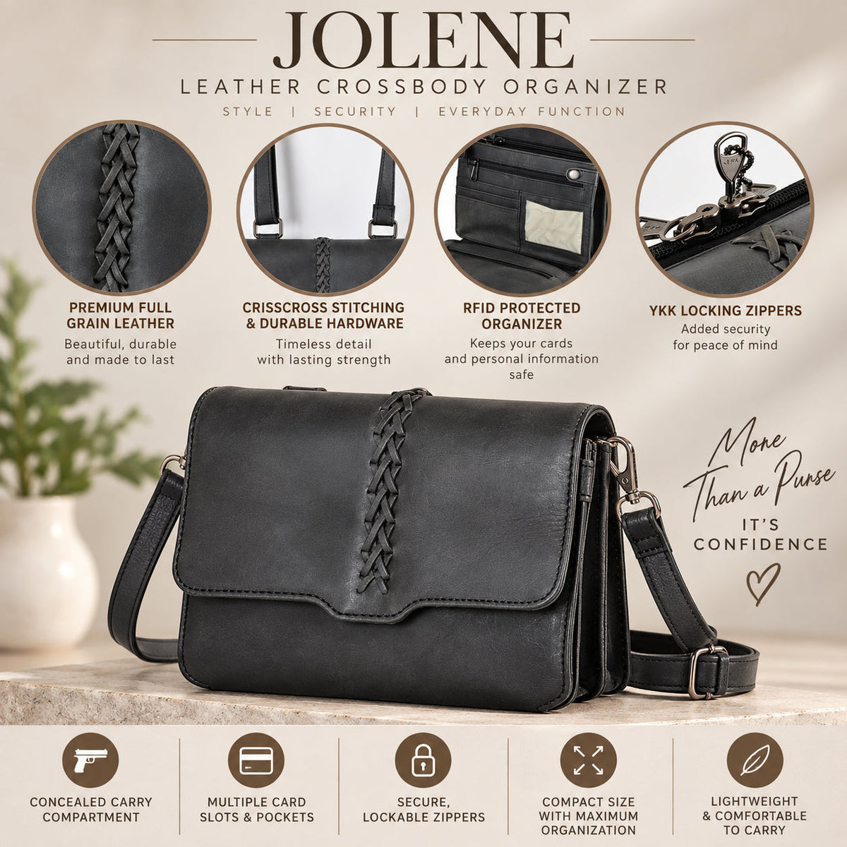Concealed Carry Jolene Leather Crossbody Organizer in Cognac – features & dimensions 2