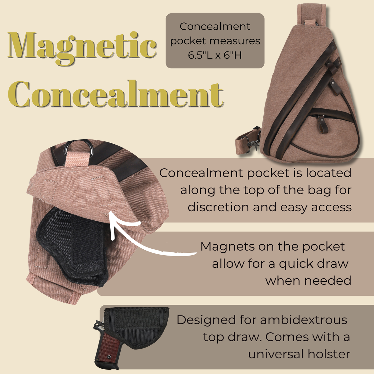 Concealed Carry Jordan Canvas Sling in Gray – shown with handgun