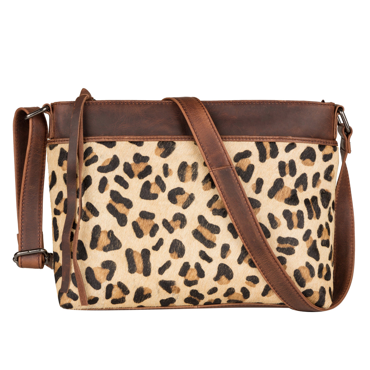 Concealed Carry Josie Genuine Leather Hair-on Leopard Print Crossbody in Indian Leopard/Dark Brown – front view